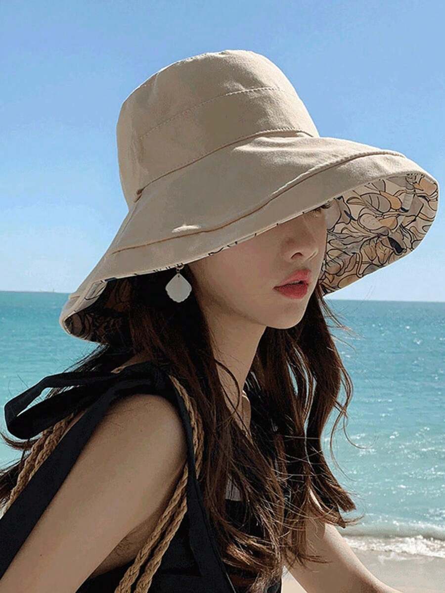 1件女款雙面印花寬簷水桶帽,夏季防紫外線全方位遮陽帽,附防風繩,適合海灘度假 - 彩色 - 查看 1