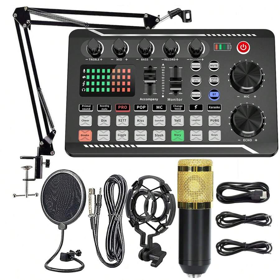 Set de equipo de podcast con micrófono inalámbrico profesional y tarjeta de sonido, interfaz de audio portátil, preamplificador de micrófono integrado todo en uno para estudio de podcast, diseño inalámbrico con carga USB, apto para grabación, transmisión en vivo, DJ y smartphone