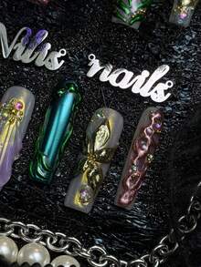 10 piezas de uñas postizas cuadradas largas totalmente cubiertas hechas a mano, de color púrpura&verde&azul claro&dorado, reutilizables, estilo de lujo barroco sirena, adecuadas para festivales, banquetes de cumpleaños, estilo diario, cosplay, con pegamento de gelatina y lima de uñas - Multicolor - Ver 7