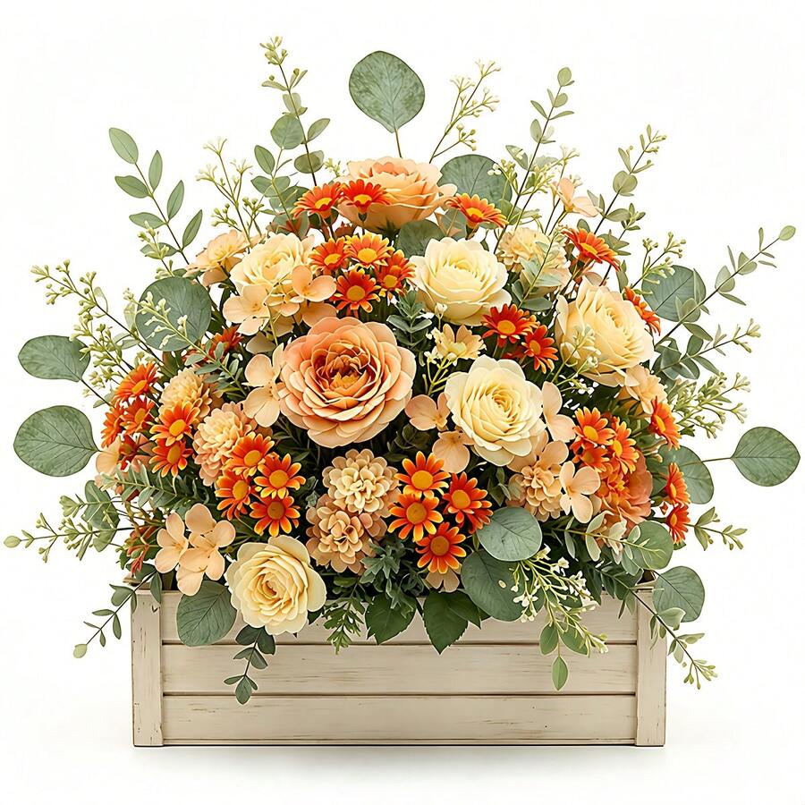 34pcs Artificial Autumn Warm Orange Flower Bouquet | Rose + Daisy + Apple Leaf Mixed Arrangement-No Maintenance, Indoor/Outdoor Shrub Decoration, Wedding, Thanksgiving, Harvest Festival, Housewarming Party, Anniversary And Other Autumn/Winter Holiday Centerpiece - Multicolor - View 1