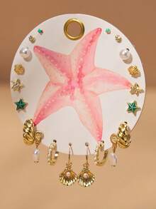 20pcs Fashion Simple Elegant Bohemian Starfish Shell Faux Pearl Pendant Gold Stud Earrings Set For Women, Summer Beach Vacation Date Party Holiday Birthday Gift, Versatile For Daily Wear - Yellow Gold - View 2