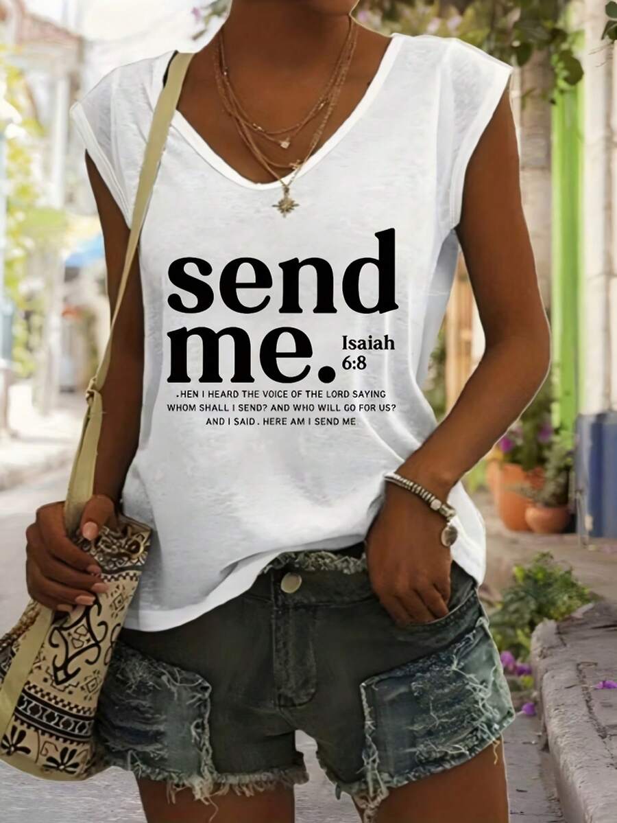 Plus Size Women Top Send Me Isaiah 6:8 Bible Verse Letter Print Sleeveless Tee Christian Casual Outfit - 白色 - 查看 1