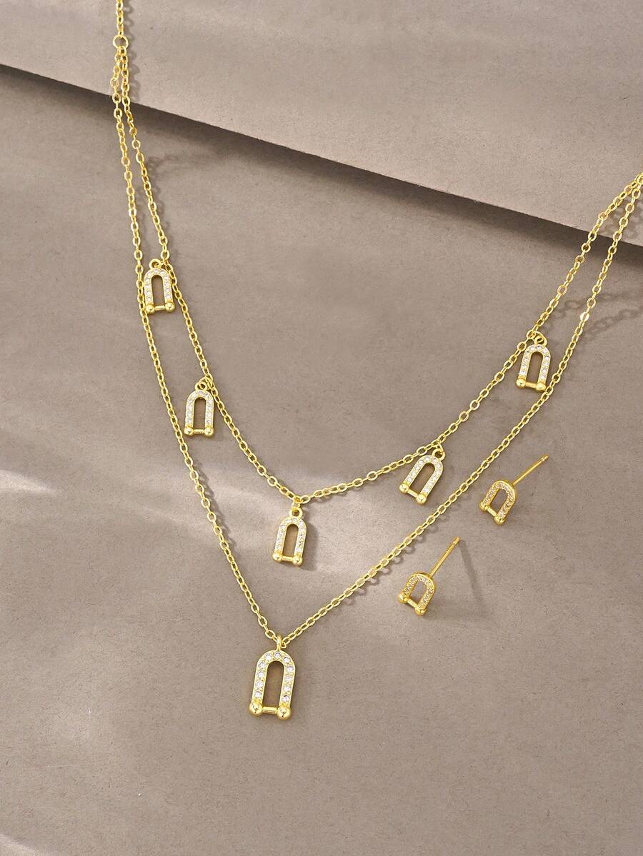 Brincos de Ouro 18k, Colar de Zircônia de Cobre, Conjunto Elegante de Luxo de Alta Qualidade, Adequado para Uso Diário, Encontros, Festas e Presentes - Dourado - Visão 1