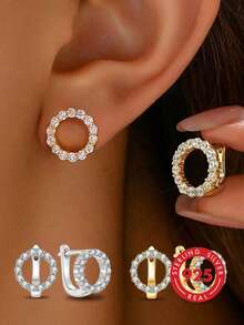 1 Pair Women's 925 Sterling Silver Micro-Inlaid Hoop Earrings, Elegant & Exquisite Jewelry Gift For Valentine's Day And Daily Wear - Micro-painted Circle Earrings - View 1