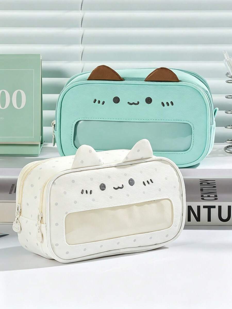 1pc Cute Mint Cat Ita Pencil Bag, Transparent Visible Front Pocket, 3D Cat Ear Design, Large Capacity Girly Stationery Pouch, Ideal For Students, Handcraft Lovers And Daily Stationery Storage,Back To School - Pencil Case - View 1