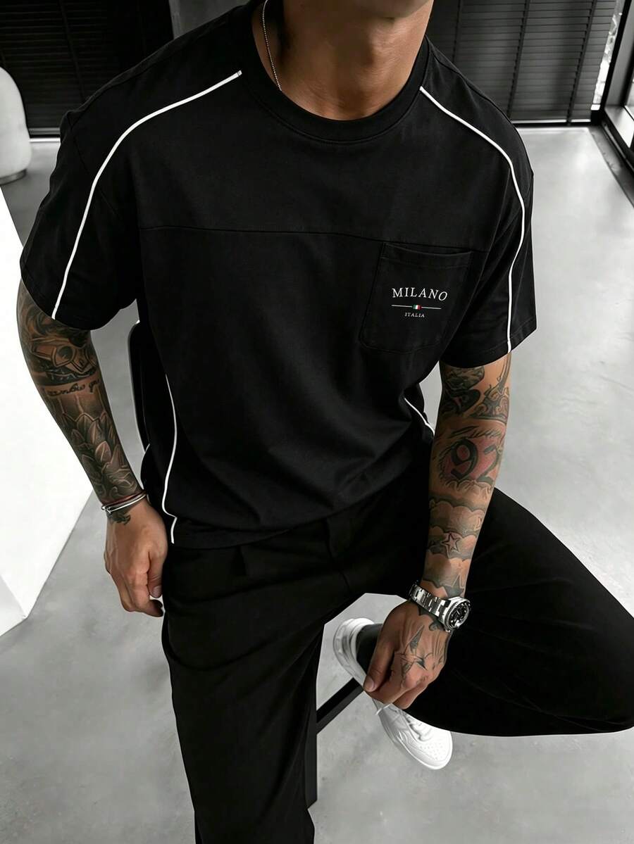 Men's Summer Versatile Fashion Minimalist English Print Contrast Color Pocket Short Sleeve T-Shirt - Black - View 1
