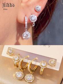 Hihho 6pcs/Set Dual-Color Round Pendant Zirconia Ear Cuff Set, Fresh Sweet Luxury Style, Based On Gold And Silver Dual-Color, Featuring 3D Round Shape + Trapezoidal Zirconia Inlay + Full Rhinestone Ear Hoop Combination, Dynamic And Fresh Design, Transparent And Sparkling Zirconia, Combining Youthful Charm And Exquisite Luxury, Suitable For Full Ear Stacking, Daily Commute, Dating, Best Friend Gift, Spring Outfit And More - Round Pendant Set - View 6