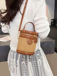 Vintage French Style Cylinder Handbag Summer New Artificial Leather Patchwork Mini Bucket Bag Niche Shiny Patent Leather Trim Dual Zipper Design With Metal Rivet Nameplate Decoration Short Handle Detachable Long Shoulder Strap Hand-Carry Crossbody Dual-Use Women's Bag Vacation Travel Beach Commute Versatile Exquisite Petite Lightweight Woven Bucket Bag - Brown - View 4