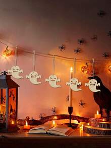 5pcs Triple Ghost Hollow Hanging Flag Garland, Halloween Autumn Harvest Thanksgiving Horror Farmhouse Country Style, Fireplace Window Front Door Wall Party Eerie Autumn Holiday Porch Living Room Indoor Seasonal Decor Hanging Ornament Gift - Multicolor 3 - View 3