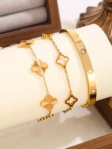3pcs/1pc Fashion Stainless Steel Jewelry Set, Clover Design, Suitable For Women's Commute Or Daily Wear, Perfect Gift For Friends - Yellow Gold - View 3