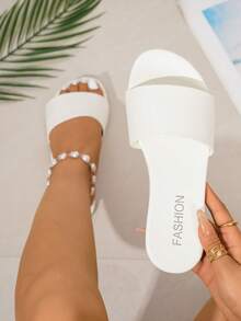 Louis Elegant Women's Shoes, 1 Pair Of Summer Minimalist Pure White Flat Sandals, Round Toe Design Women's House Slippers, Non-Slip Sole Women's Bathroom Slippers, Also Suitable For Beach, Party, Apartment, Vacation And Other Multiple Scenes Commuter White Women's Shoes - White - View 2