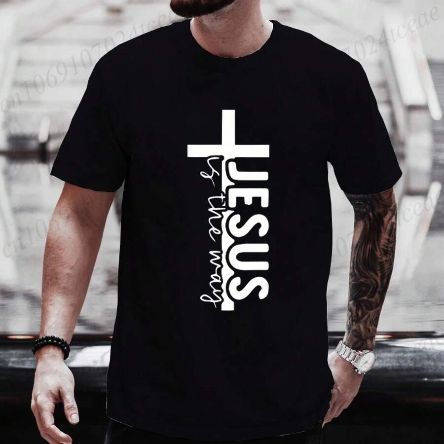1 Stück, lustiges T-Shirt mit Jesus-Aufdruck für Männer, übergroße minimalistische T-Shirts mit Jesus-Grafik für Frauen, Tops, Hip-Hop-Streetwear, Sommeroutfit für Männer - Schwarz - Übersicht 1