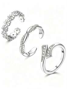 3 piezas Anillos de dedo del pie abiertos y ajustables, Anillos de dedo del pie con flores de strass, Diseño de nicho de lujo, Versatilidad de capas - Plateado - Ver 2