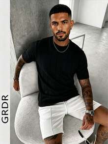 GRDR Men's Summer Knit Solid Ribbed Short Sleeve Sweater, Sporty Casual, Suitable For Outdoor Activities - Black - View 4