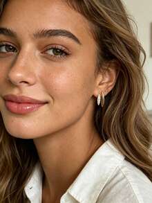 Charm-In 18K Gold Plated Brass Double Oval Stud Earrings With CZ Rhinestone Back Drop Geometric Earrings, Women's Daily Jewelry - Gold 2 - View 3