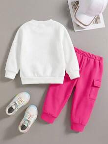 Baby Girl Cartoon Print Round Neck Warm Sweatshirt And Pocket Long Pants Set - White - View 2