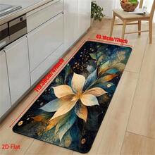 Modern Style Golden Blue Floral Kitchen Doormat, For Bathroom, Balcony, Corridor, Porch. Essential For Home, Quick-Drying, Entrance Rug, Bath Mat, Bedside Rug, Entryway Rug, Non-Slip And Dust-Absorbing Foot Mat - 彩色 - 查看 5