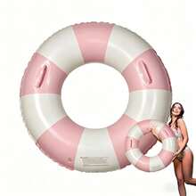 1 Adult Double Back-To-Back Floating Bed, Striped Inflatable Swim Ring For Water Park Floating, Lifebuoy (Handle Color Random), New Design Pink Inflatable Swim Ring With Handles, Summer White And Pink Inflatable Ring - 彩色 - 查看 22