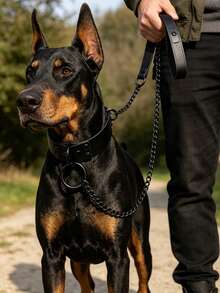 Dog Choker Pet Collar & Leash Set, Adjustable European & American Style Dark Personalized Exaggerated Leash Collar Neck Accessory Set, Leather Collar, Alloy Leash, Sturdy & Durable, Adjustable Collar Size - Black - View 8