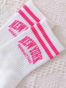 Sporty Striped Letter Print Jacquard Mid-Calf Socks - White - View 2