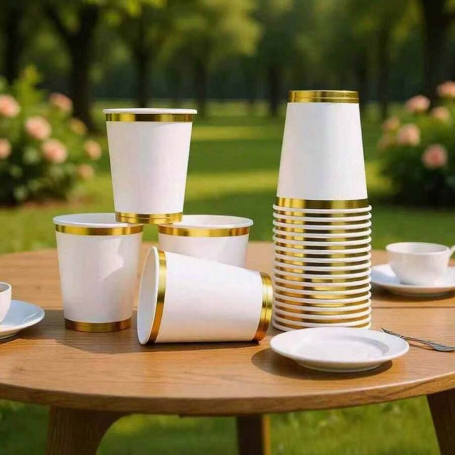 10/20/30/40/50pcs Elegant Gold Foil Rim Paper Cups, Suitable For Hot And Cold Drinks, Perfect For Parties, Picnics, Travel And Various Occasions, Ideal For Any Occasion And Birthday Celebrations - Multicolor - View 1