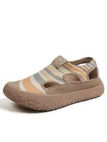 Women's New Vintage Colorblock Mesh Rainbow Striped Knit Closed-Toe Sandals, Soft Elastic Shock-Absorbing Casual Beach Shoes, Sneakers For Women - Khaki - View 7