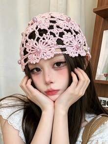 Gorro de mujer de moda hecho a mano con cuentas, pañuelo de cabeza de ganchillo calado de estilo vintage exótico para primavera/verano - Sombrero tejido - Ver 10