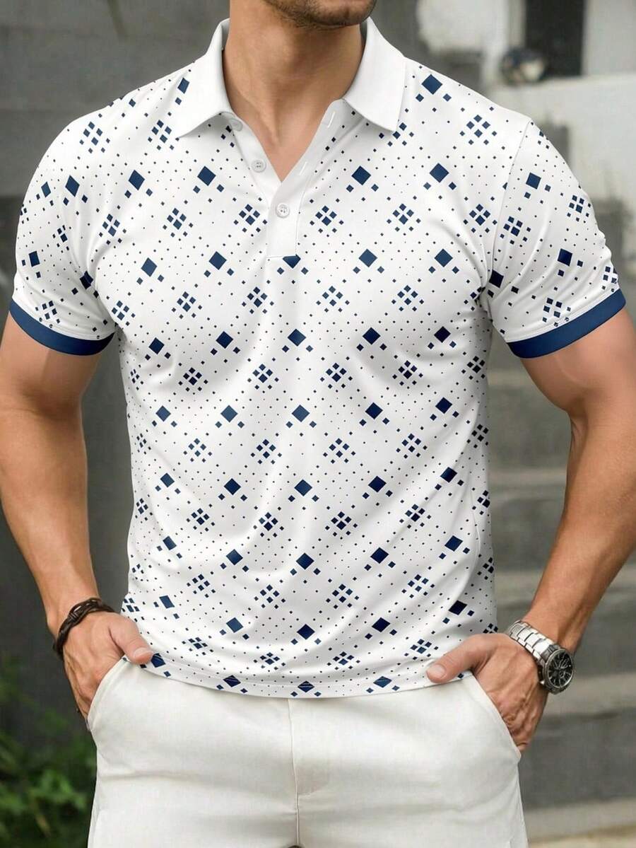 男士休閒短袖翻領 Polo 衫,幾何菱形印花 - 彩色 - 查看 1