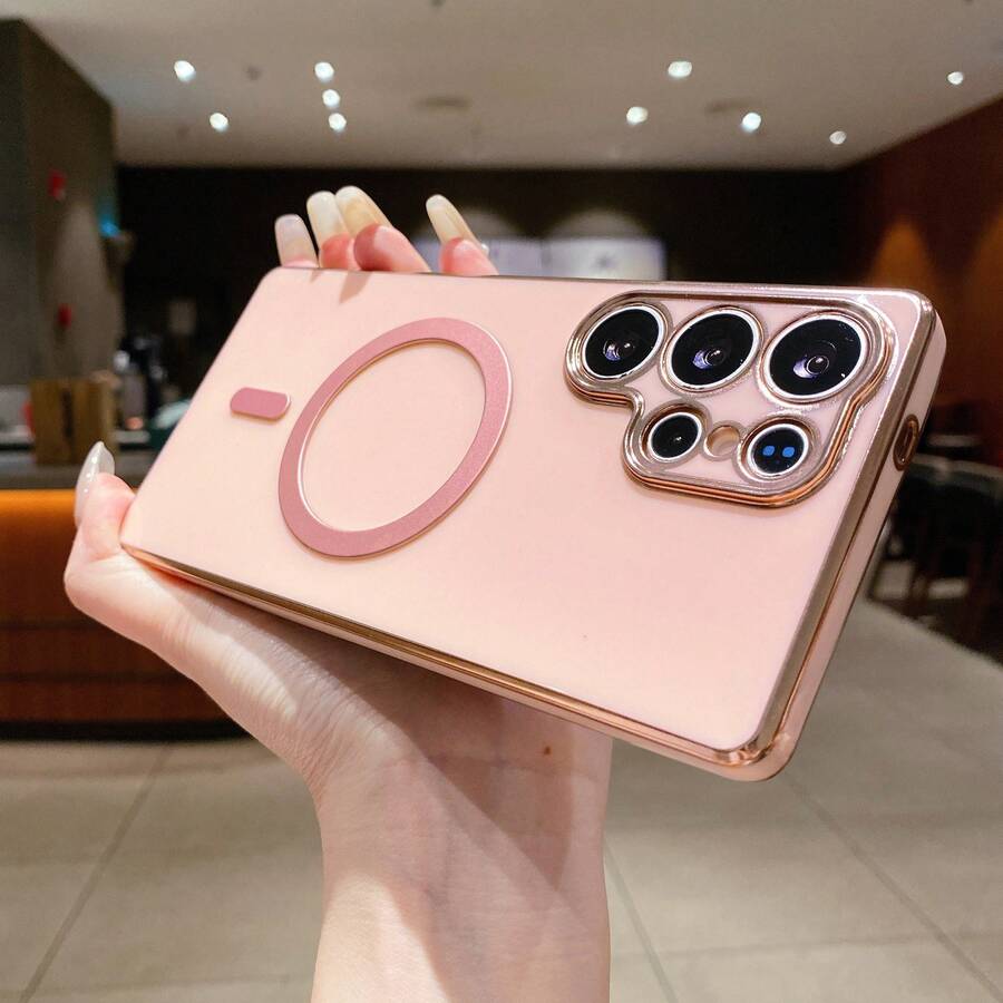 1pc Solid Color Magnetic Electroplated Phone Case Compatible With Android Series [International Version, Non-Local Version] A56/A55 5G, A35/A15/S26U, Fits Devices... - Pink - View 1