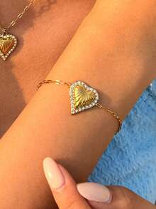 1pc Vintage Heart-Shaped Zirconia 18K Gold Plated Bracelet, Delicate Layered Bracelet Valentine's Day Daily Women's Accessory, Gift For Her - Multicolor - View 3