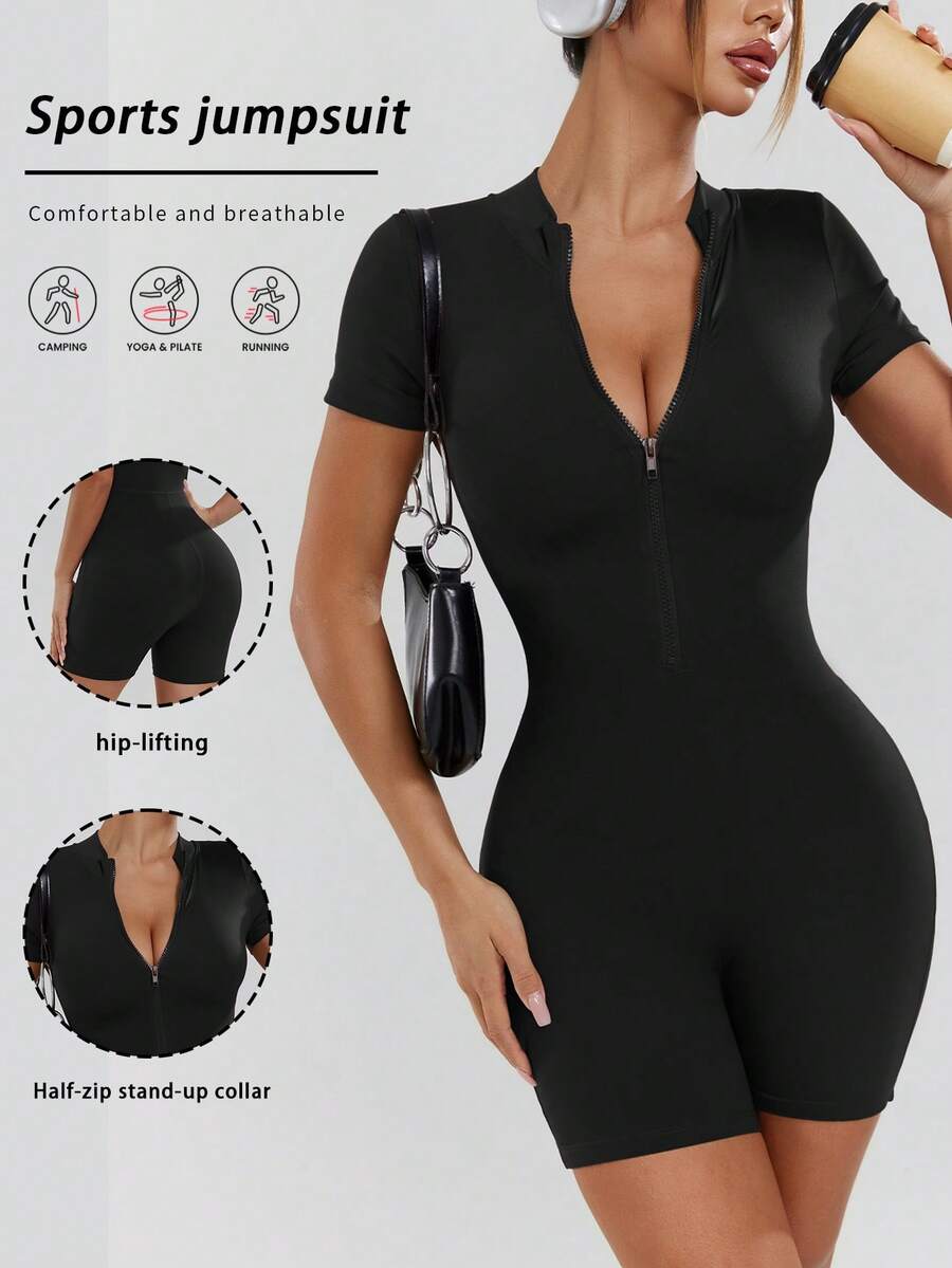 YZMJAFU Solid Color Half-Zip Short Sleeve Sports Jumpsuit, High Elasticity Shaping Women's One-Piece Athletic Jumpsuit - Black - View 1