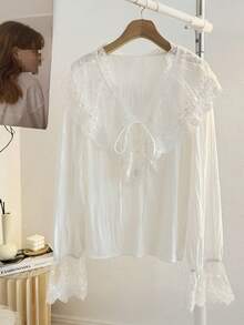 Women's Lace Patchwork Long Sleeve Blouse White - White - View 7