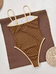 Women's Fashionable Elegant Brown Polka Dot Print Sexy Bandeau One-Piece Swimsuit, Suitable For Beach, Party And Gathering Vacation Summer - Multicolor - View 6