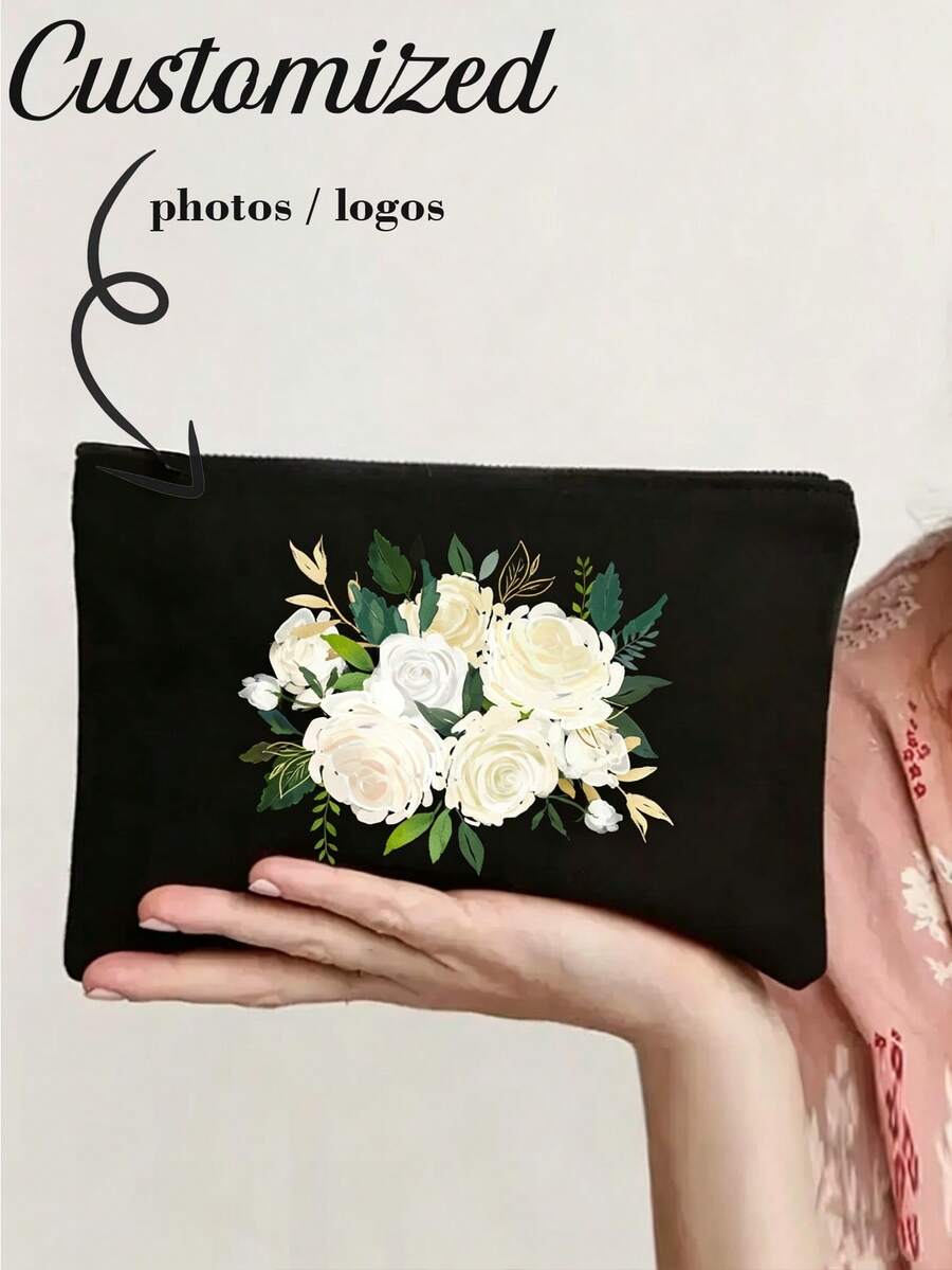 Picture Printed 1pc Personalized Canvas Bag, Unique Customizable Design With Photos, Scenery Or Illustration, Foldable, Large Capacity, Lightweight, For Anniversaries, Christmas, Customized Toiletry Bags, Travel Essential, Boho Chic, Aesthetic - Black - View 1