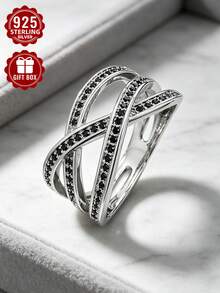 1pc S925 Sterling Silver Ring, Black Synthetic Zirconia Line Ring, Suitable For Daily And Business Occasions, Comes With Gift Box - Silver - View 3