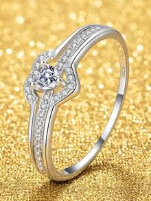 925 Silver Plated Platinum Cubic Zirconia Heart Ring, Hollow Heart Design, Fashionable Luxury Ring, Valentine's Day Gift - White - View 10