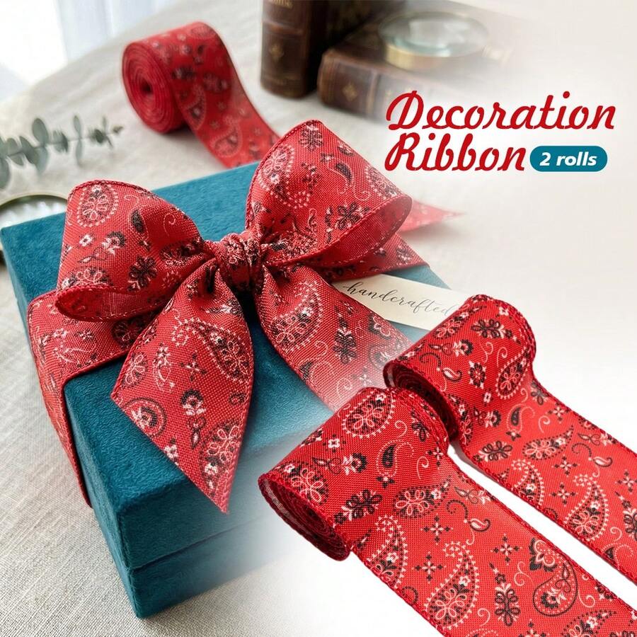 2 Rolls Classic Red Paisley Pattern Ribbon (With Wire Edge), 6.3cm Width, 600cm Total Length, Suitable For Holiday Celebrations, Vintage Theme Parties, Wedding Decor, Gift Wrapping And DIY Bows - View 1