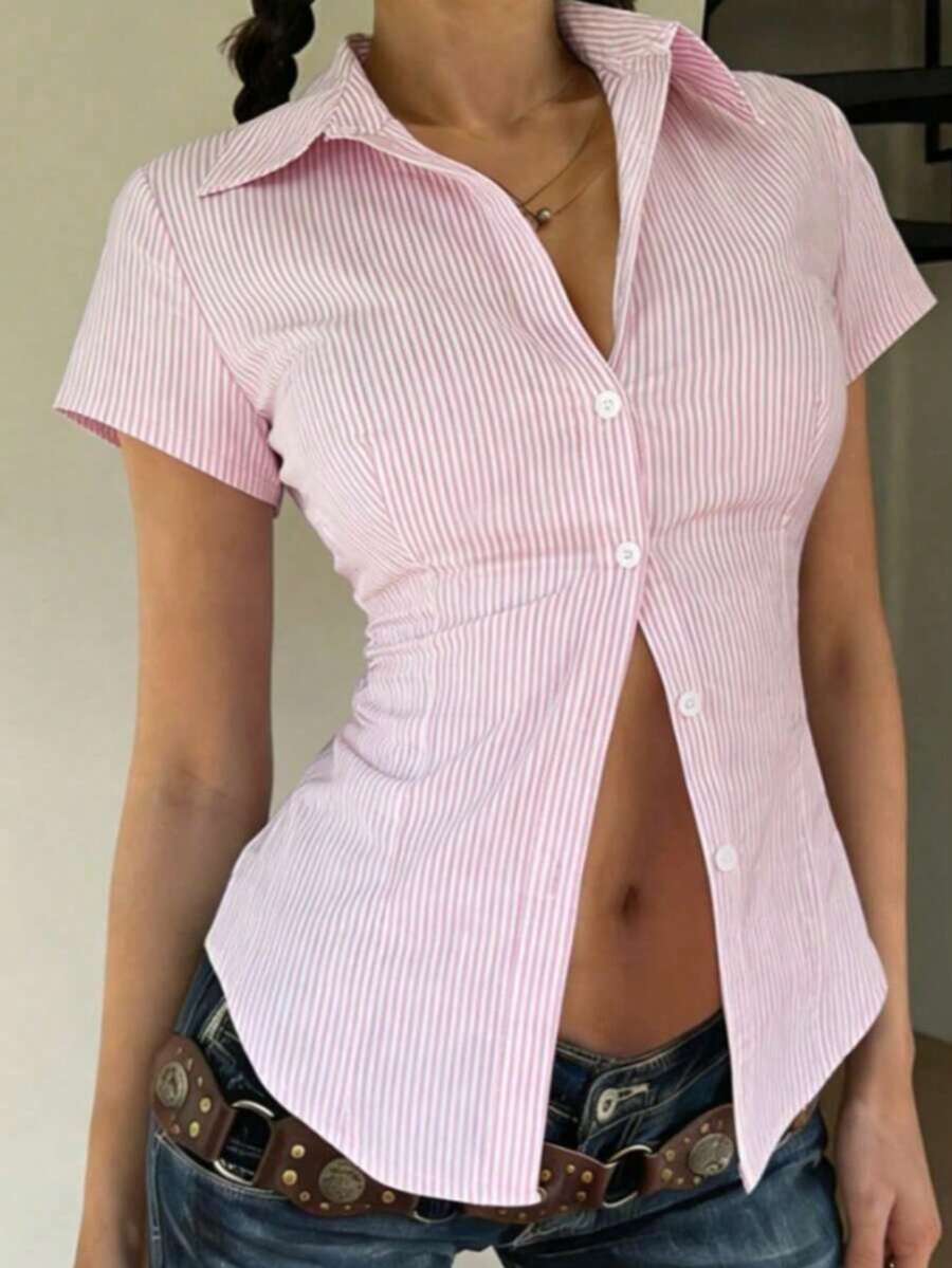 Plus Size Women Y2K Pink Striped Short Sleeve Casual Blouse, Suitable For Campus Style - Pink - View 1