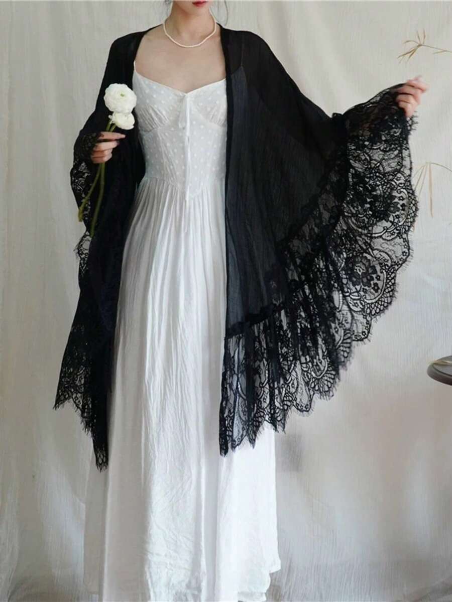 1pc Bohemian Style Solid Color Semi-Sheer Wavy Lace Trim Shawl Cover Up - Multicolor - View 1