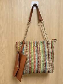 Bolso bandolera tejido arcoíris dulce y fresco 2026 nueva moda estilo japonés con colgante de perla cabeza de gato bolso de hombro - Multicolor - Ver 14