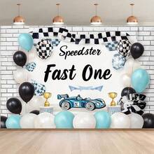 2D Flat, 1pc Background Banner, Racing Elements With " Fast One" Pattern, Party Decoration, Suitable For Indoor And Outdoor Racing Theme Celebrations, Photography Backdrop Selfie Wall Decor - View 1