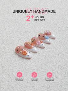 10 pezzi di adesivi per unghie fatti a mano con bordo francese color albicocca nudo, unghie finte classiche, mini fiori 3D colorati con decorazioni miste di strass, adesivi per arte di unghie stile dolce macaron girly, adatti per uso quotidiano, spose, feste di vacanza, forniture per arte di unghie, unghie press-on fatte a mano - Multicolore - Visualizzare 2
