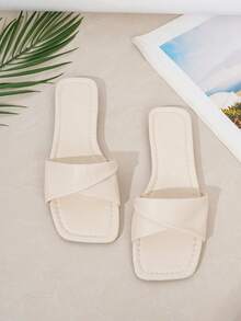 Scarpe eleganti da donna Louis, 1 paio di sandali estivi nuovi con fiocco e punta aperta, stile minimalista, tomaia in pelle PU bianca pura con nodo, suola morbida antiscivolo e punta quadrata, scarpe da spiaggia eleganti, sandali estivi da strada, adatti per spiaggia, casa, strada, vacanza e varie occasioni, pantofole bianche versatili da donna per il pendolarismo - Beige - Visualizzare 3