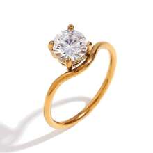 1pc 18K Gold Plated CZ Wavy Ring For Women, Elegant Pear Round Triangle Cubic Zirconia Curved Solitaire Ring, Chic Finger Jewelry - Gold - View 14