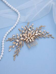 Luxury Champagne Transparent Crystal Leaf Hair Comb, Handmade Bridal Headpiece, Sparkling Rhinestone Wedding Hair Accessory, Suitable For Women's Ball, Party Wear - Champagne - View 3