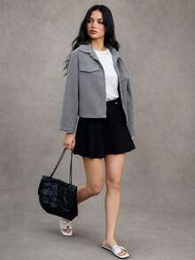 Mantel Wanita Ukuran Besar, Jaket Lengan Pendek dengan Kerah, Cocok untuk Kegiatan Sehari-hari dan Perjalanan. - Grey - View 4
