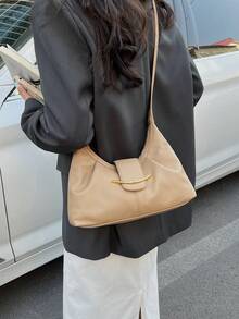 1件時尚簡約百搭PU材質女款單肩斜挎包，適合女性日常使用、旅行與度假 - 卡其色 - 查看 3