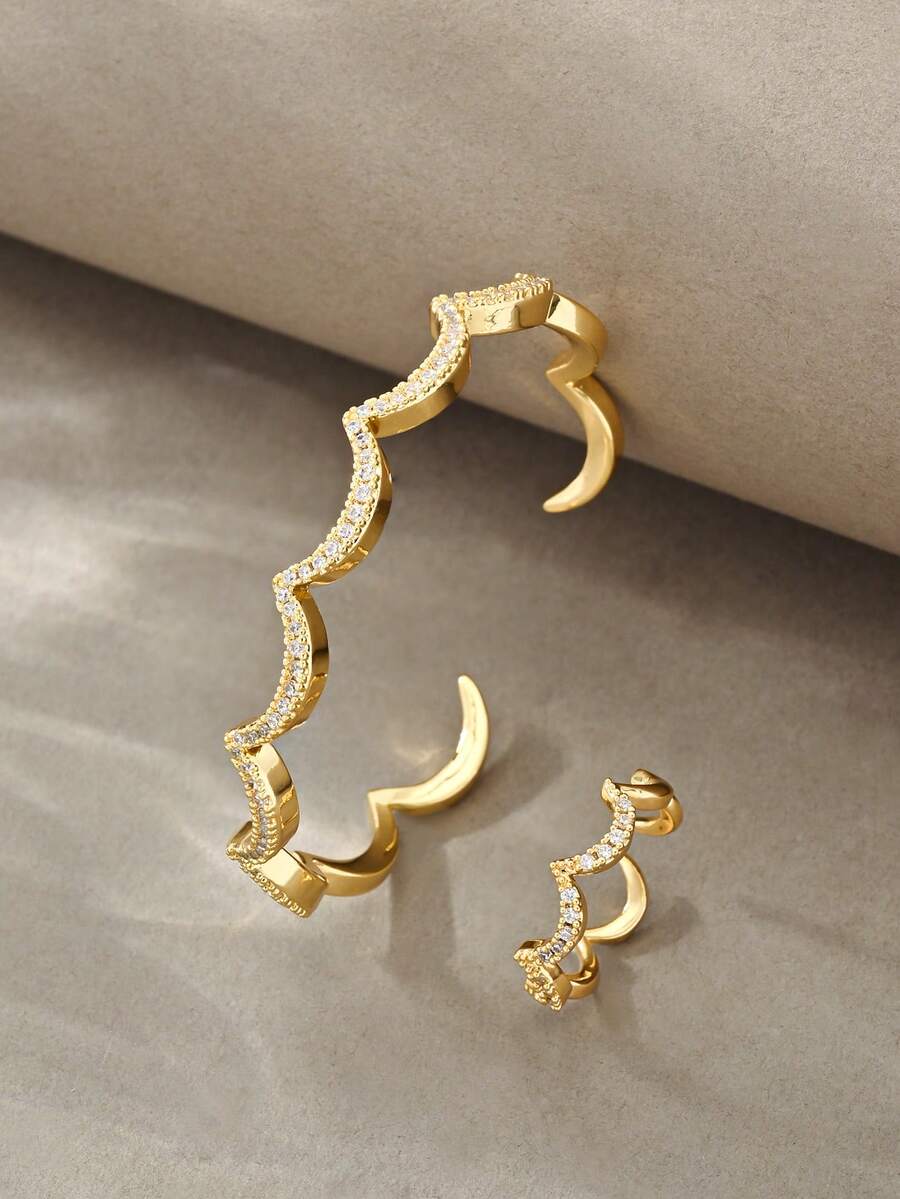 Juego de pulseras doradas, cobre texturizado versátil con incrustaciones de circonita, adecuado para uso diario, reuniones, citas, fiestas, regalos - Dorado - Ver 1