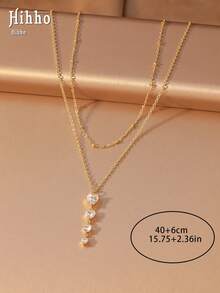 Hihho 1pc Bohemian Style Fashion Vintage Gold-Plated Double Layer Stacked Chain Vertical Heart Cubic Zirconia Necklace, Random Number Of Positioning Beads, Women's Commute Date Daily Wear Neck Accessory - Heart Necklace - View 7