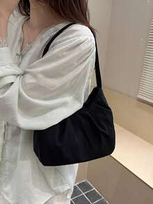 女款極簡百搭小眾韓風溫柔褶皺純色腋下肩背包 2026 - 黑色 - 查看 5